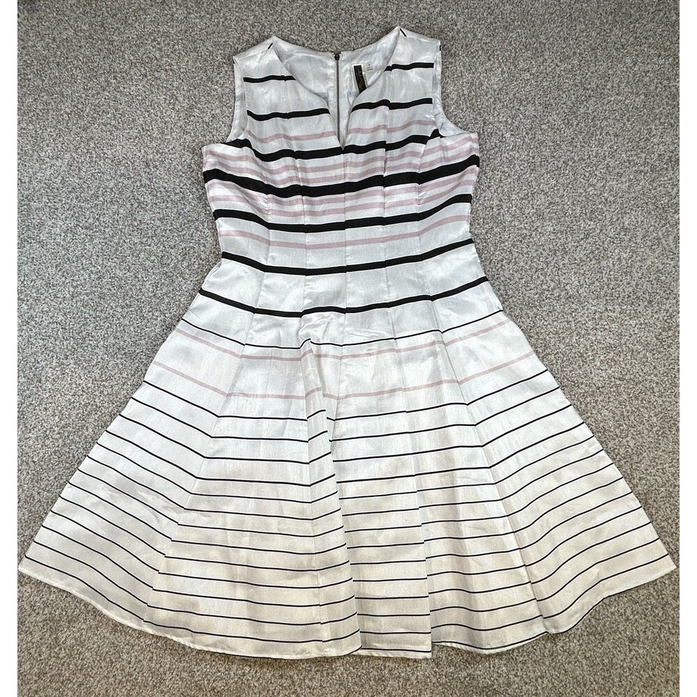 NWT Julian Taylor Women's Striped B/W& Pink‎ Sheath Dress Midi Sleeveless Size 8